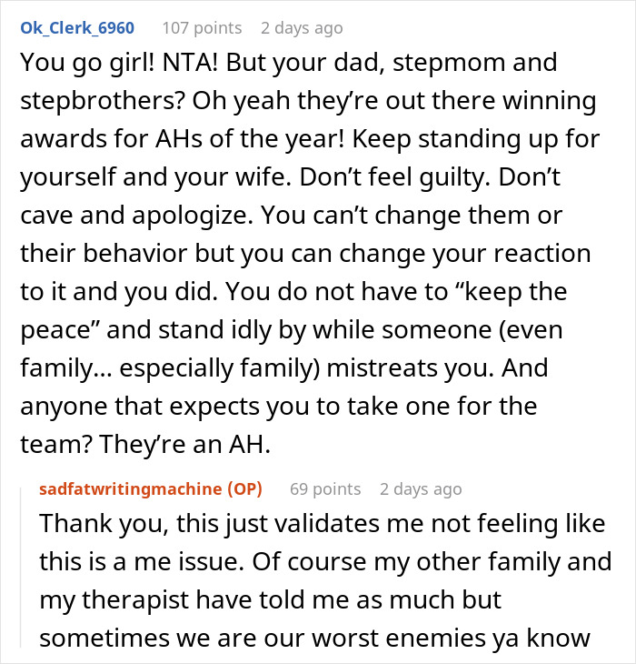 Reddit comment thread discussing a Thanksgiving conflict involving stepdaughter’s sexuality and family tensions. Reddit comment thread discussing a Thanksgiving conflict involving stepdaughter’s sexuality and family tensions.