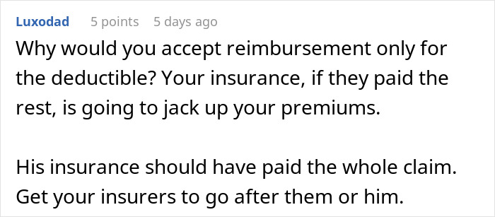 Comment discussing insurance reimbursement and premiums related to a parking lot psycho attacking man's car incident.