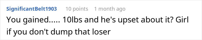 Comment expressing frustration over a man requiring his girlfriend to return to her weight from six years ago causing upset and sadness. Comment expressing frustration over a man requiring his girlfriend to return to her weight from six years ago causing upset and sadness.