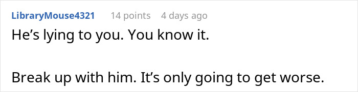 Commenter urging a girlfriend to break up, referencing a suspicious work trip and reconsidering the relationship.