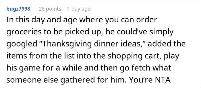 Comment discussing husband struggling with Thanksgiving shopping pressure and wife deciding to ban him from buying groceries.