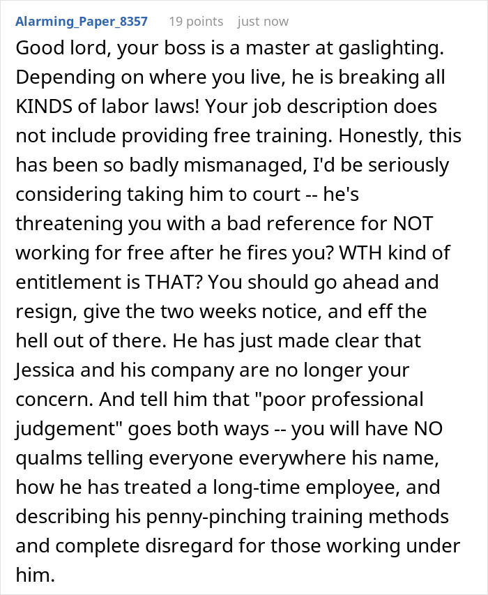 Comment criticizing a boss for threatening a reference after employee refuses unpaid training post layoff.