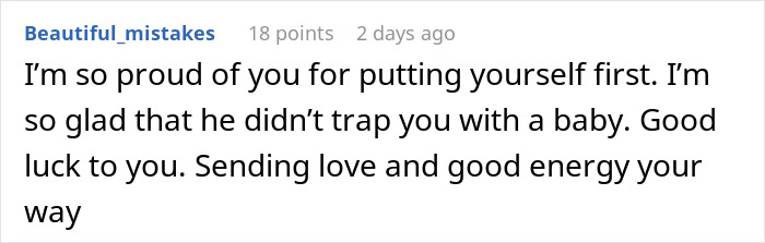 Screenshot of a Reddit comment praising someone for putting themselves first after a man treats his wife like his servant.