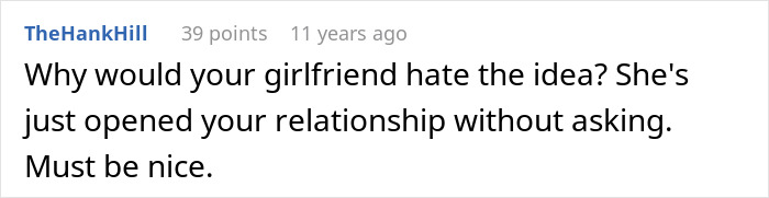 Comment discussing how a girlfriend might hate her relationship being opened without consent after a date.
