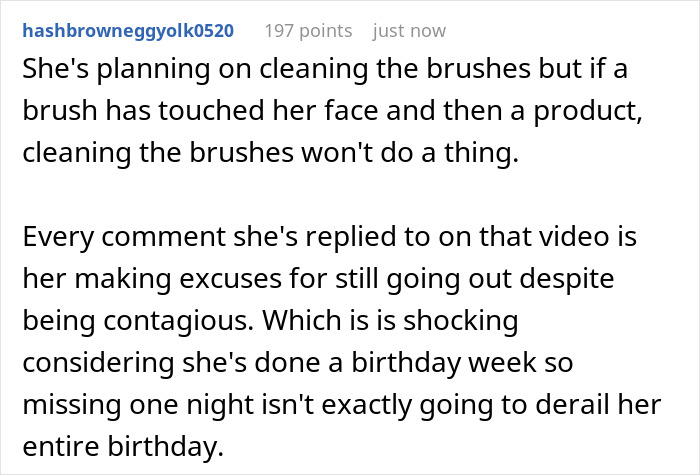 Commenter criticizes influencer for partying while contagious, calling behavior selfish and irresponsible amid infection concerns. Commenter criticizes influencer for partying while contagious, calling behavior selfish and irresponsible amid infection concerns.