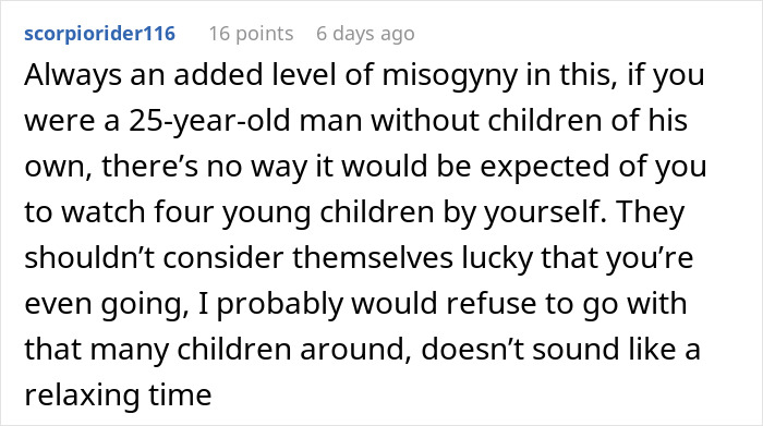 Comment discussing family dynamics and challenges faced by a childfree cousin expected to watch multiple kids during vacation.