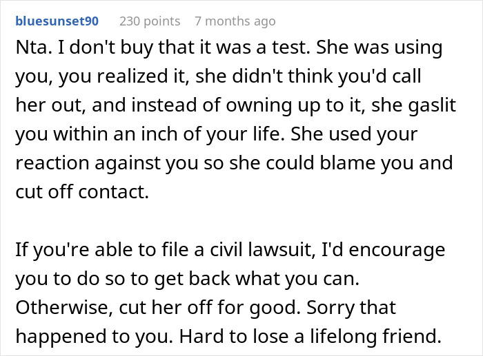 Comment discussing a guy failing to pass a lady&rsquo;s unexpected loyalty test, affecting their longtime friendship.