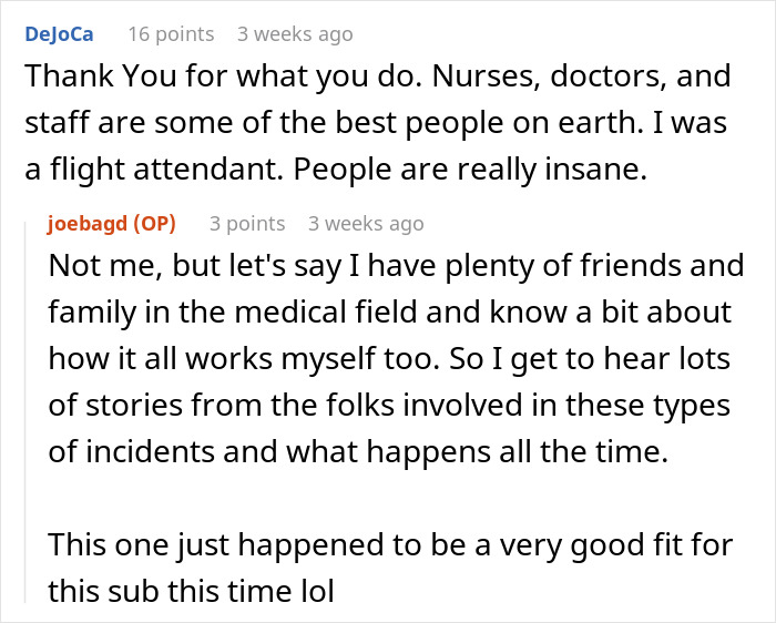 Reddit comments discussing experiences with Karen patient trying to impose rules on ER staff and calling the cops.