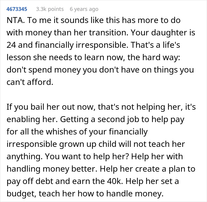 Comment discussing concerns about daughter&rsquo;s money management and financial responsibility regarding surgeries.