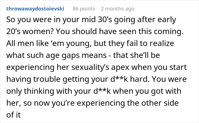 Comment discussing husband refusing intimacy and wife finding someone else five years younger, highlighting age gap issues.