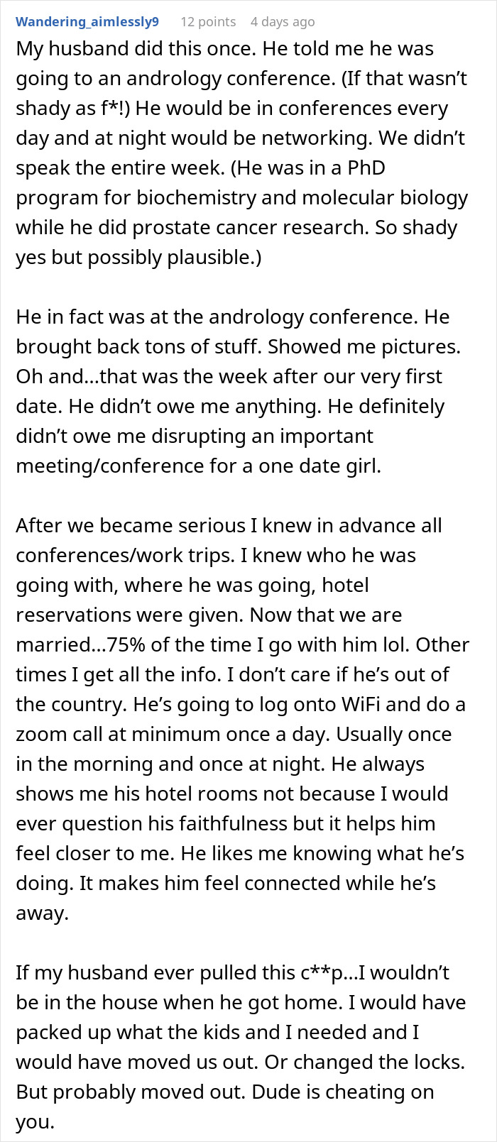 Text excerpt from a forum post about a man&rsquo;s suspicious work trip making his girlfriend rethink their relationship.