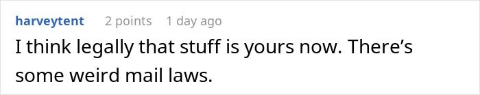 Screenshot of a Reddit comment discussing legal issues about company sending packages to the wrong address and return costs.