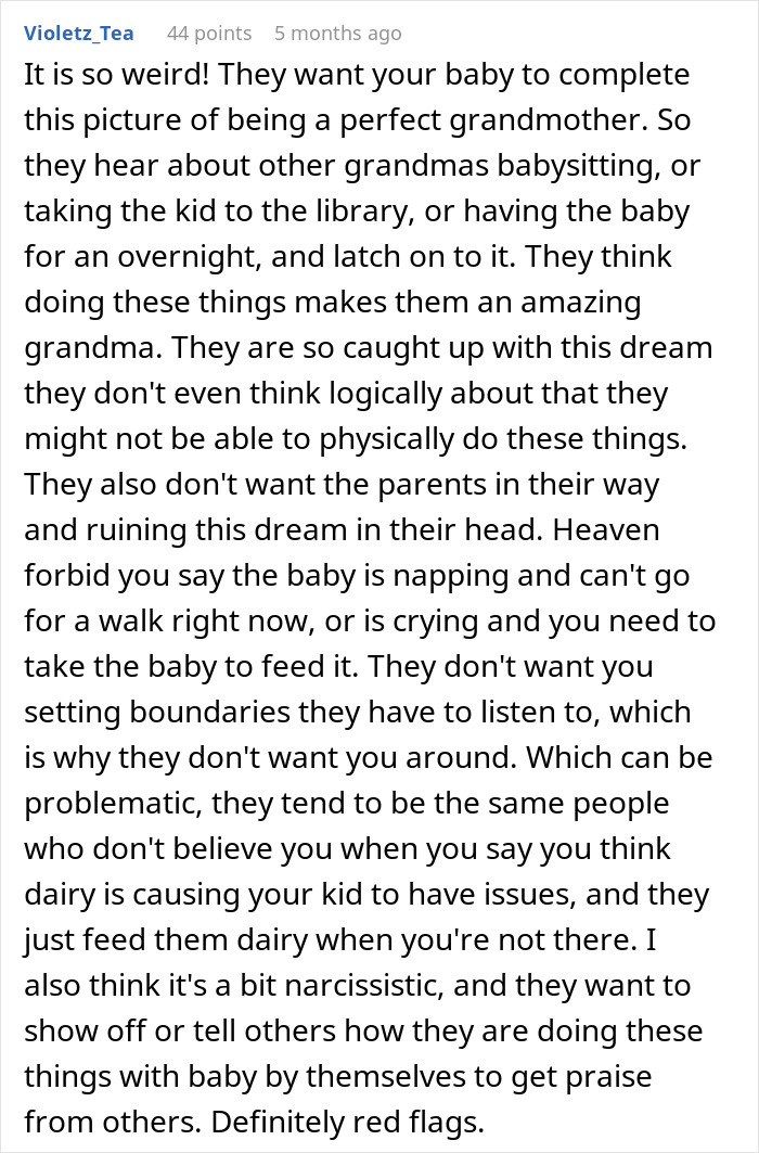 Comment explaining why mom feels deeply uncomfortable leaving baby alone with mom or mother-in-law, citing trust and boundary issues.