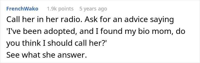 Screenshot of a Reddit comment discussing a woman adopted and wanting to reunite with her biological family.