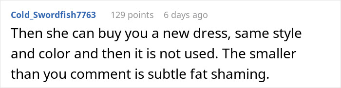 Screenshot of a Reddit comment discussing a woman refusing to pay $90 for a borrowed dress she altered without permission.