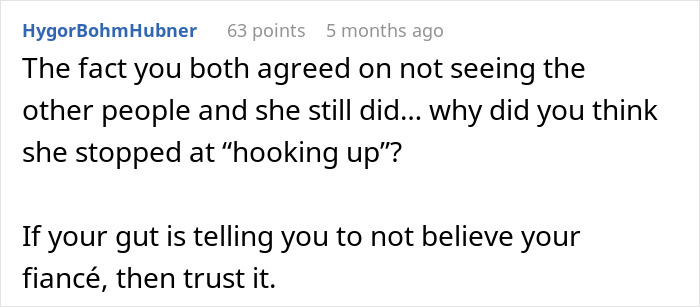 Text comment on a social media post discussing a bride breaking no dating rule and cheating claims that shocked the groom. Text comment on a social media post discussing a bride breaking no dating rule and cheating claims that shocked the groom.