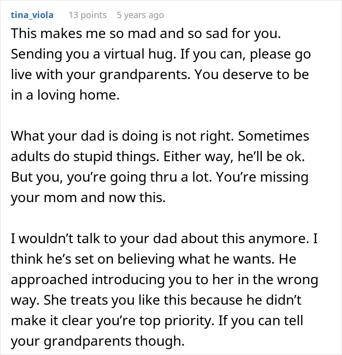 Comment expressing sympathy for teen who left home after dad chose his girlfriend over her, discussing family and adoption issues.