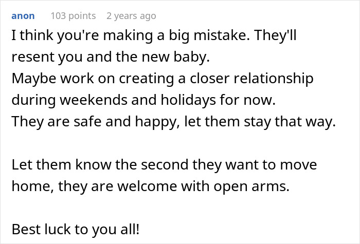 Woman asking stepchildren about living at home or attending boarding school, seeking advice on family relationships.