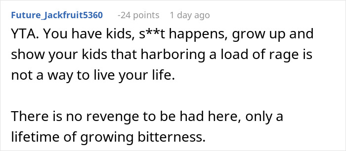 Screenshot of an online comment criticizing a cheating husband for harboring rage and bitterness in a family conflict. Screenshot of an online comment criticizing a cheating husband for harboring rage and bitterness in a family conflict.