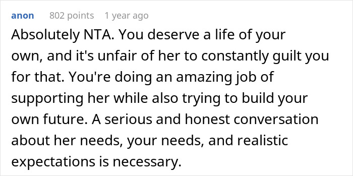 Comment from anon explaining frustration of caretaker snapping after years of sacrificing career, facing constant guilt trips from sister.