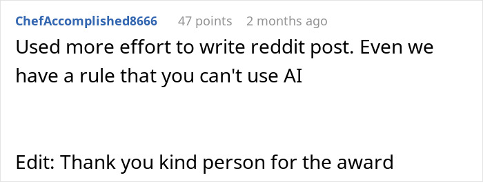 Reddit user discussing effort to write posts without AI, referencing wedding vows and AI user experiences.