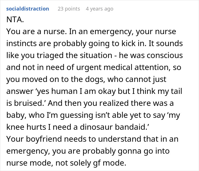 Comment explaining nurse instincts prioritizing dogs and a baby during a car crash over boyfriend's feelings in emergency situation.