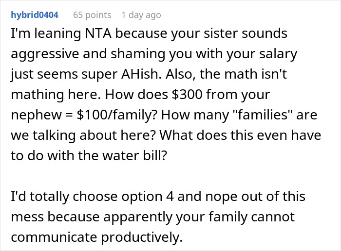 Reddit user discusses refusing to bring expensive food to Thanksgiving amid family tension over costs.