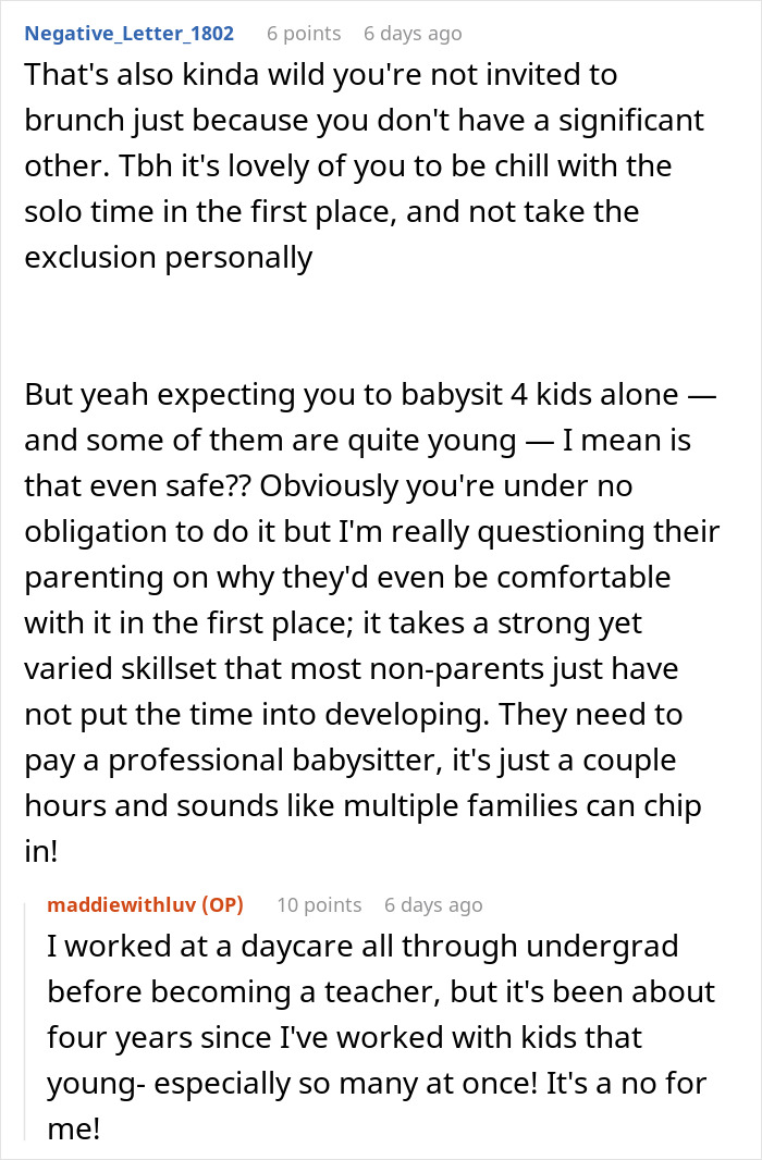 Reddit conversation about family trying to dump kids on childfree cousin during vacation and her reaction.