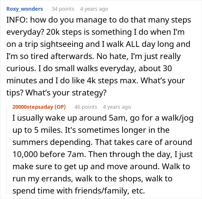 Screenshot of a Reddit conversation about strategies for maintaining 20K steps per day and daily walking habits.