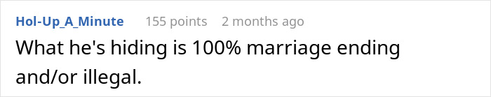 Comment text on a white background discussing suspicion and secrets related to a husband&rsquo;s locked office behavior.