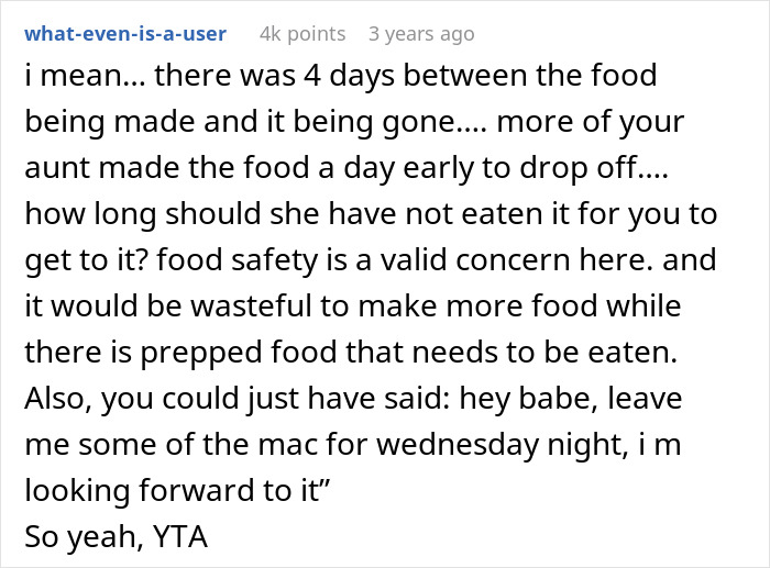 Reddit comment discussing a man snapping at his girlfriend after she eats all the leftovers regarding food safety and communication.