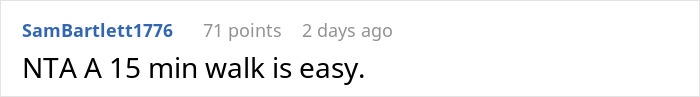 Screenshot of an online comment reading NTA A 15 min walk is easy, related to woman refusing to take niece to school.