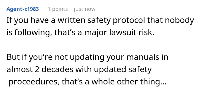Screenshot of a text post discussing risks of outdated safety protocols and manuals in workplace compliance issues.
