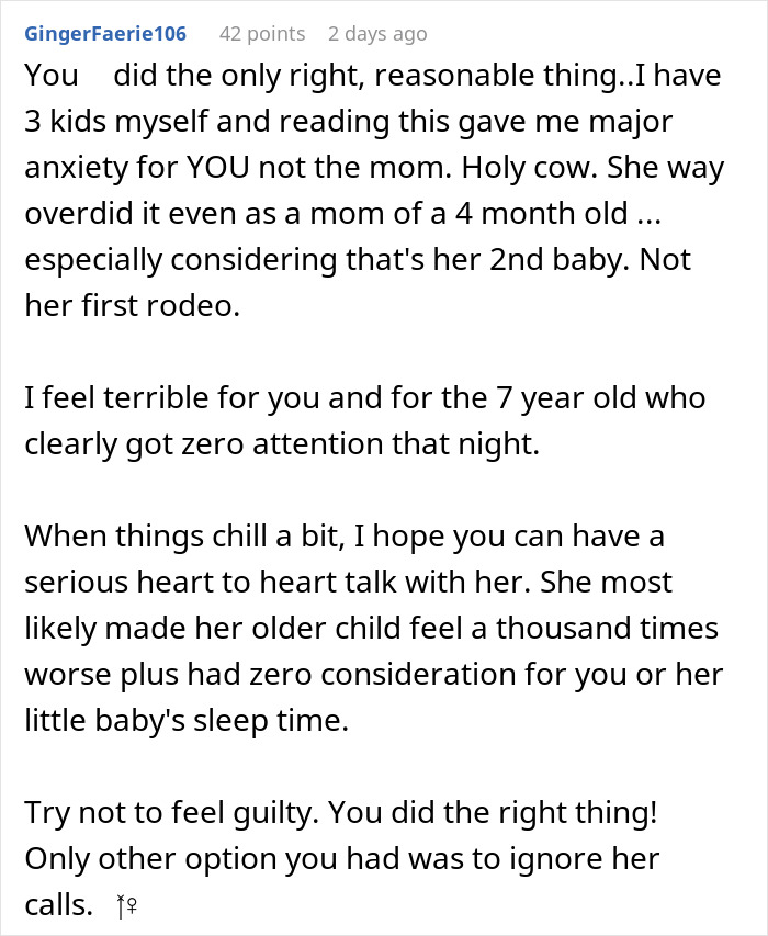 Comment discussing anxiety and feelings related to a friend agreeing to babysit overnight and a mom's panic calls.
