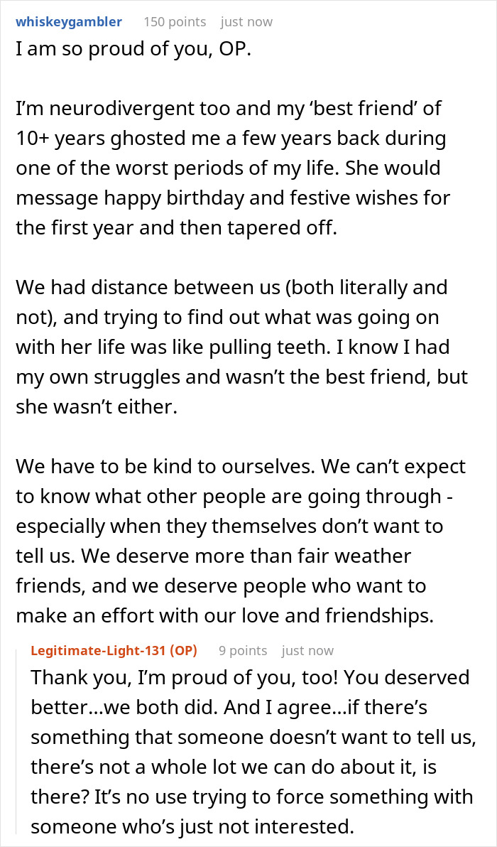 Reddit conversation screenshot discussing best friend no contact returns and challenges in friendship communication.