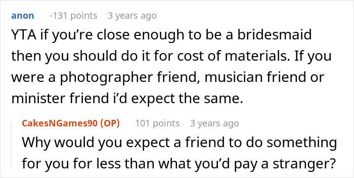 Comment thread discussing bridesmaid costs and expectations related to upgrading a honeymoon at bridesmaid&rsquo;s expense.