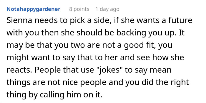 Screenshot of a Reddit comment discussing a funny guy who mocks daughter's boyfriend because of his job, then claps back. Screenshot of a Reddit comment discussing a funny guy who mocks daughter's boyfriend because of his job, then claps back.
