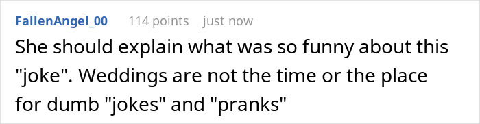 Comment criticizing a bridesmaid breaking wedding dress code with a bold red dress at an all-black wedding.