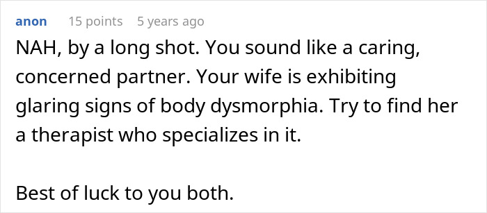 Screenshot of an online comment discussing a husband's concern about his wife's plastic surgeries and body dysmorphia.