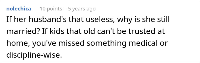 Screenshot of a forum comment discussing a friend who doesn't understand why she can't bring her clingy children on vacation.