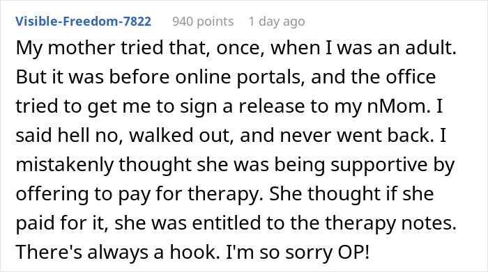 Text post showing a user sharing how their mother tried to spy on their therapy sessions, raising trust issues.