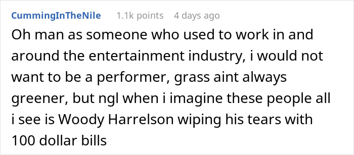 Reddit comment discussing entertainment industry with mention of performer and emotional Woody Harrelson wiping tears.