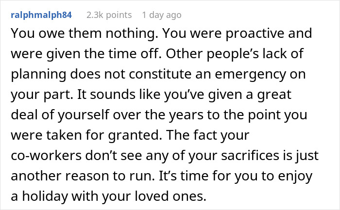 Comment from a user advising to prioritize personal time and avoid being taken for granted in a hospital family first vacation policy.
