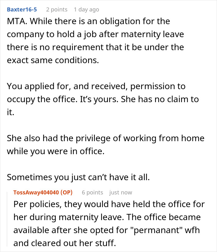Online forum discussing a woman expecting her private office back after working from home for two years and facing reality.
