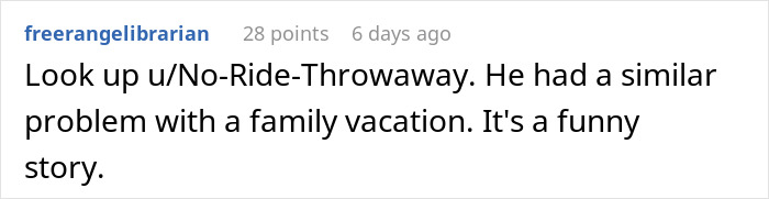 Screenshot of a Reddit comment discussing a family vacation conflict involving a childfree cousin and kids.