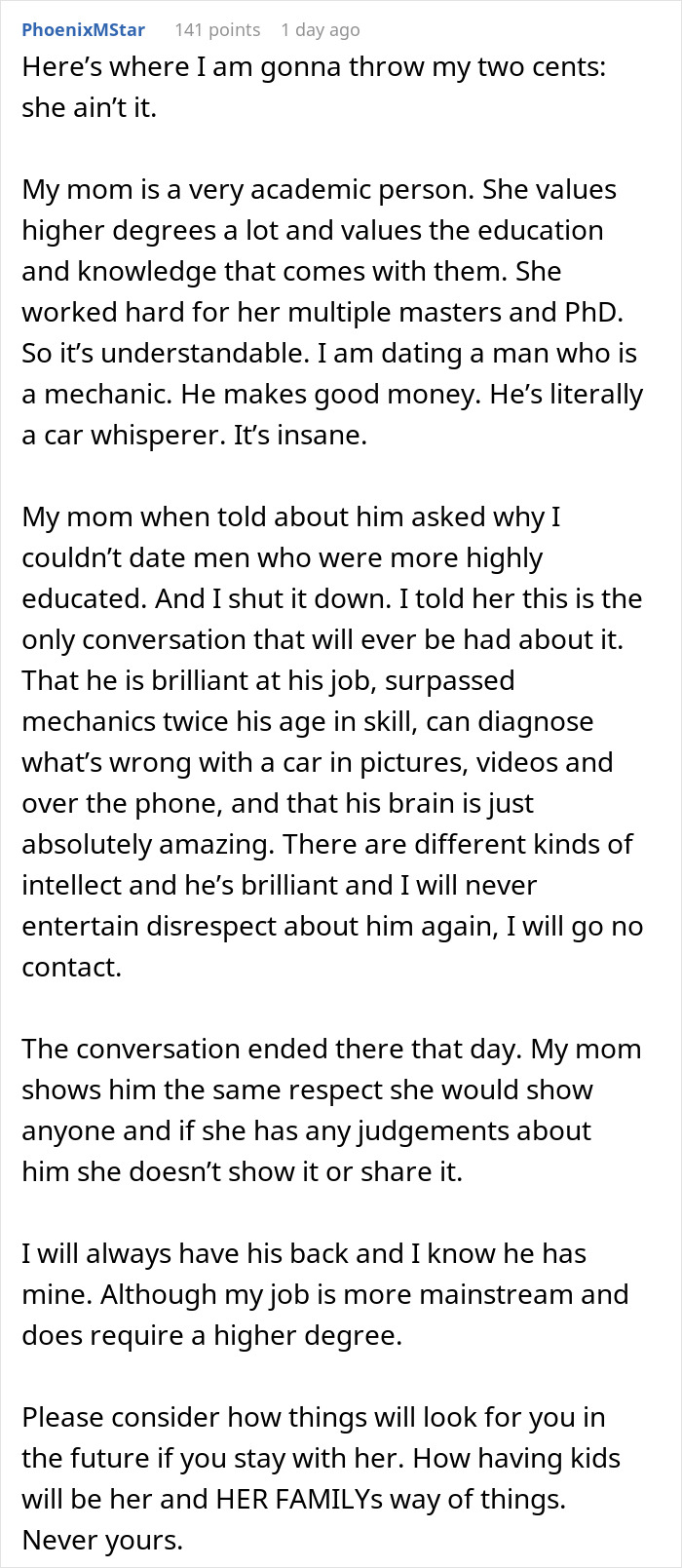 Text post discussing a funny guy mocking daughter's boyfriend's mechanic job and then clapping back. Text post discussing a funny guy mocking daughter's boyfriend's mechanic job and then clapping back.
