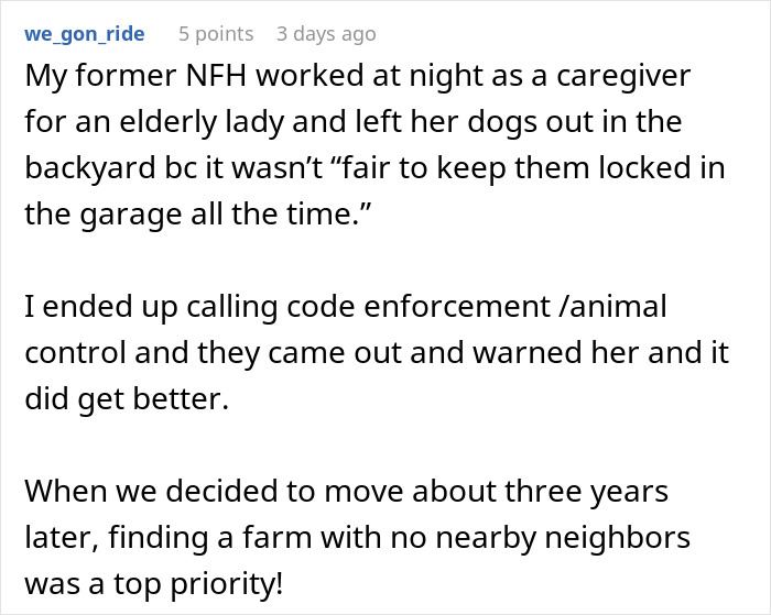 Screenshot of a Reddit comment about neighbors who can't keep their dogs quiet and involving animal control enforcement.