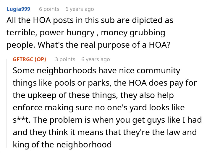Screenshot of a Reddit discussion about a stalkerish HOA president and issues with power-hungry HOA leaders.