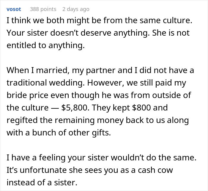 Reddit comment discussing sister wedding money culture, bride price, and traditional wedding customs.
