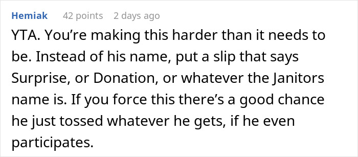 Comment suggesting an alternative for Secret Santa organizer to avoid forcing a coworker who doesn&rsquo;t want to receive a gift.
